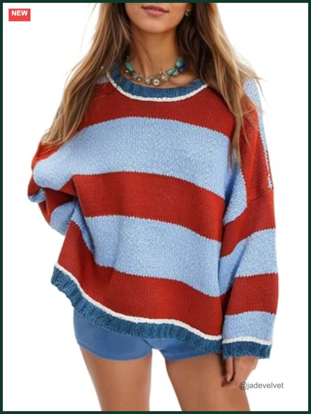 Womens Oversized Chunky Knit Striped Sweater Crewneck Pullover Fall